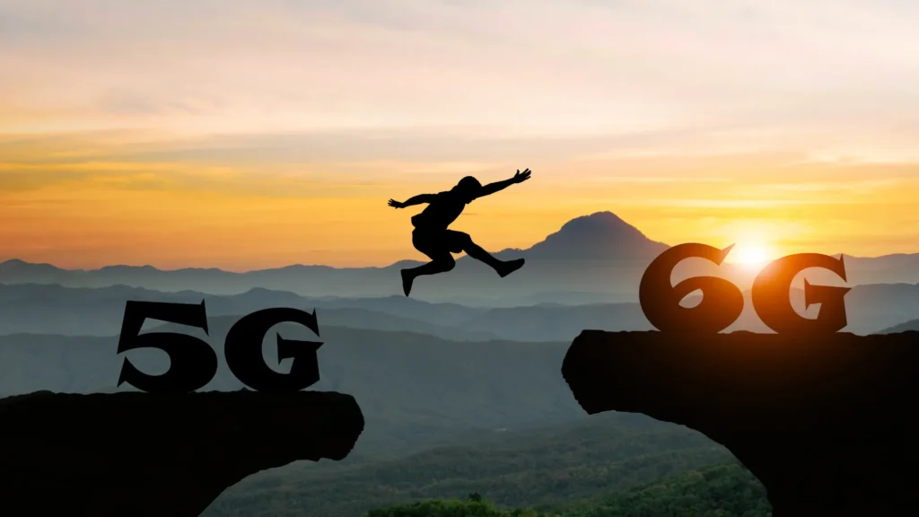 Ilustração de uma pessoa saltando entre dois penhascos identificados como 5G e 6G, simbolizando a evolução das redes móveis e a transição para a próxima geração de conectividade.