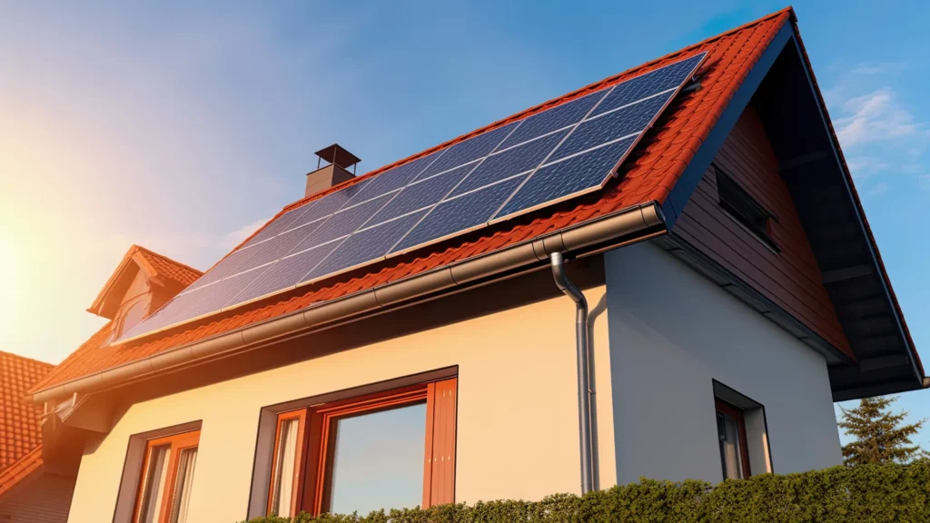 Casa residencial com painéis solares fotovoltaicos instalados no telhado, ilustrando o uso de energia solar como exemplo de inovação tecnológica no dia a dia.