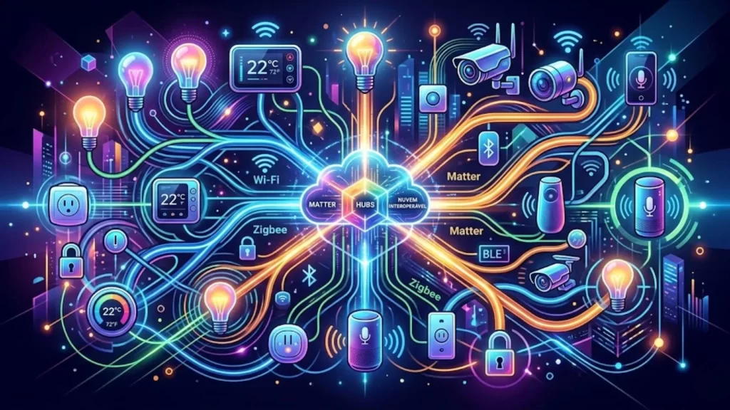 Dispositivos inteligentes conectados em rede, ilustrando protocolos de conectividade como Matter e Zigbee.
