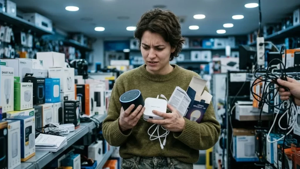 Pessoa com expressão de dúvida olhando para produtos tecnológicos, buscando evitar armadilhas e escolhas ruins.