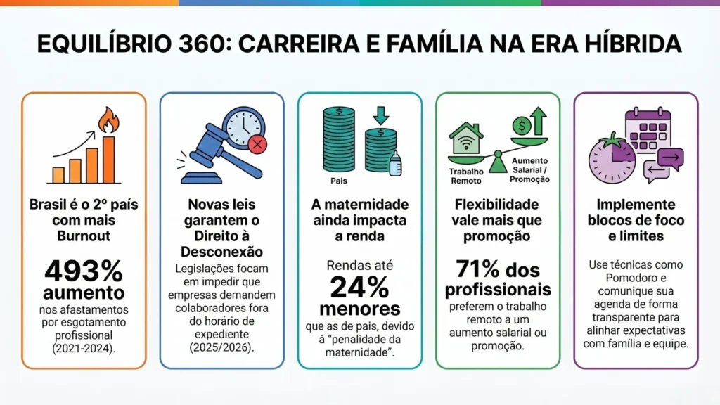 Panorama completo com dados e tendências essenciais para buscar o equilíbrio entre vida profissional e familiar no cenário híbrido.