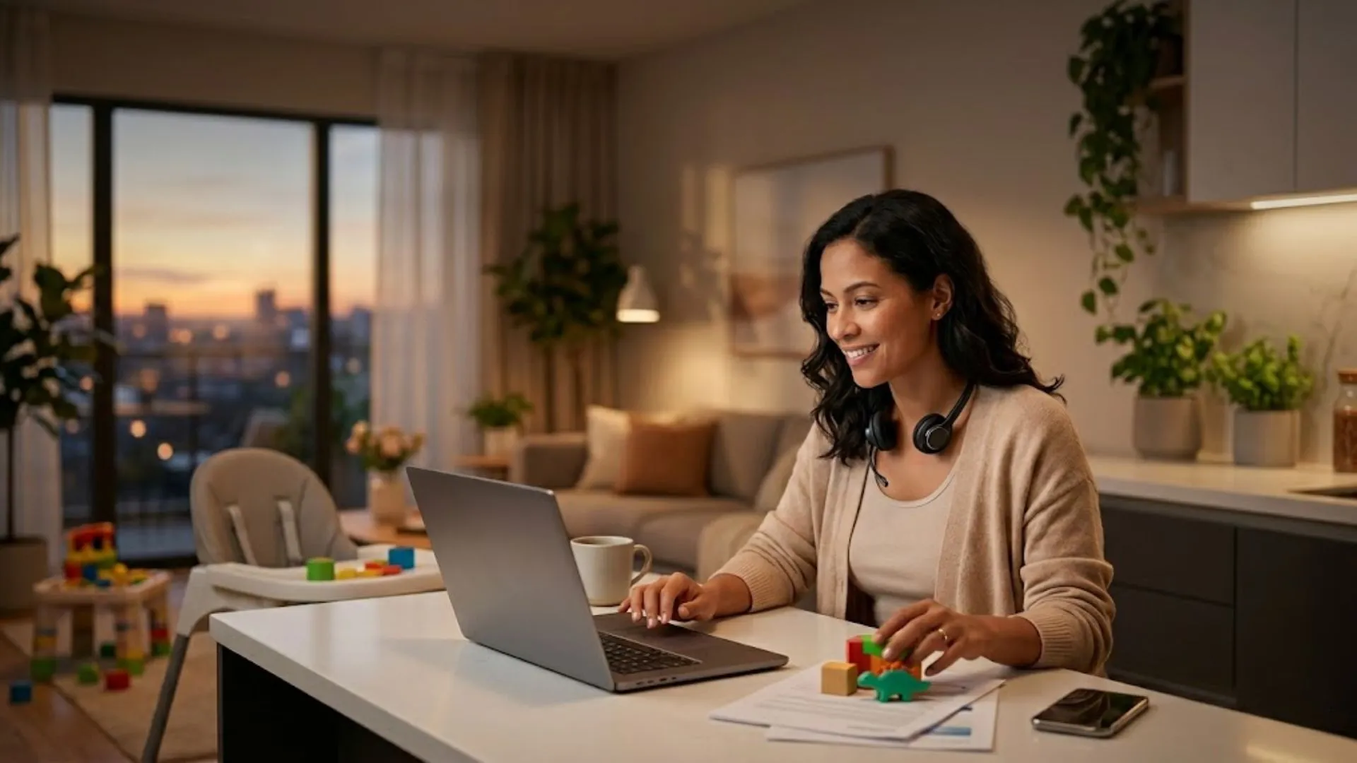 Fotografia realista de uma mulher sorridente trabalhando em seu notebook em uma ilha de cozinha. Ela veste um cardigã claro, tem um fone de ouvido no pescoço e digita com uma mão enquanto interage com pequenos blocos de montar e um dinossauro de brinquedo com a outra. Sobre a mesa branca, há também documentos impressos, uma caneca e um smartphone. Ao fundo, o ambiente doméstico é integrado e aconchegante, mostrando uma cadeira de alimentação para bebês, uma sala de estar iluminada e uma grande janela de vidro que revela a vista de uma cidade ao pôr do sol.