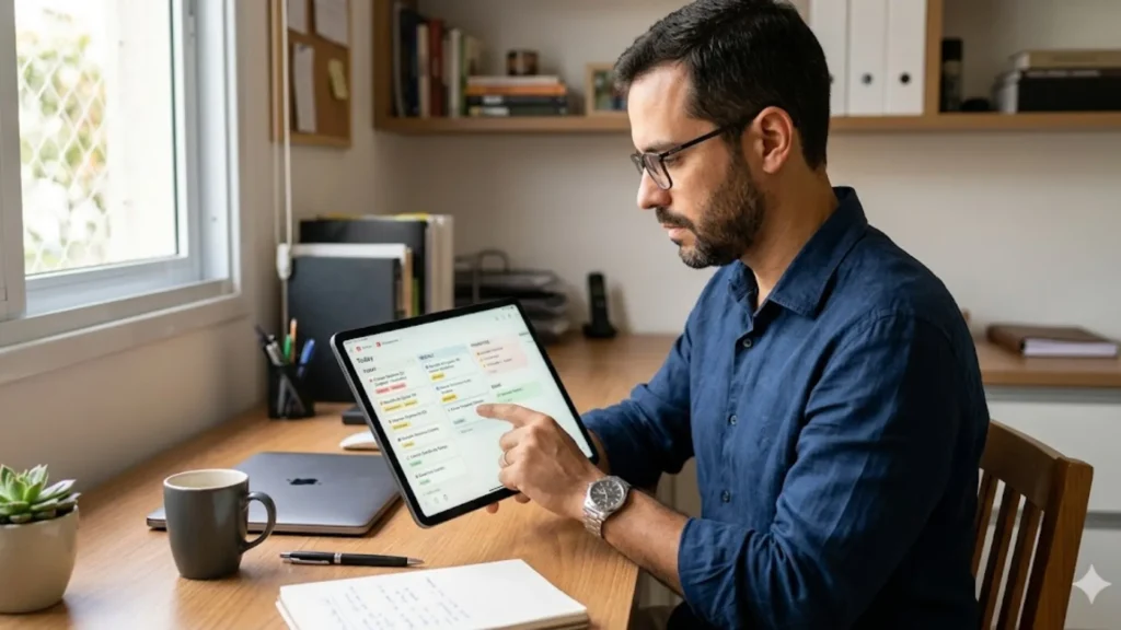 Homem organizando tarefas em um tablet, ilustrando gestão de tempo e prioridades