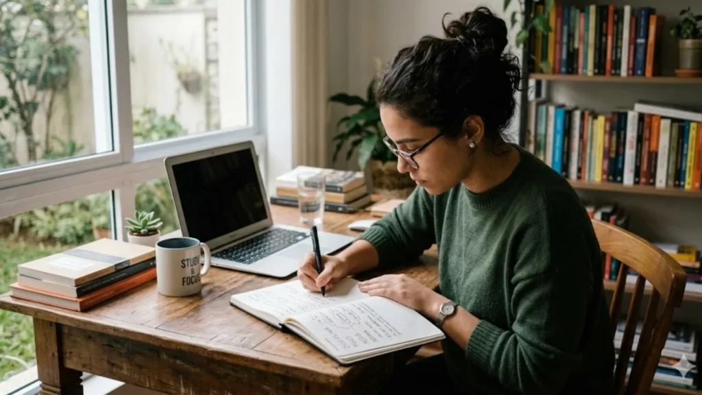 Mulher concentrada escrevendo em um notebook, simbolizando disciplina e foco.