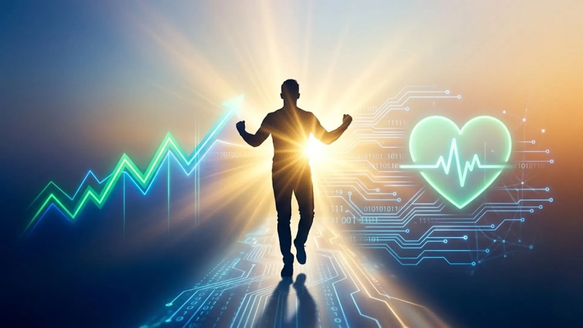 Sucesso financeiro equilibrado: saúde, dinheiro e tecnologia integrados para prosperidade.