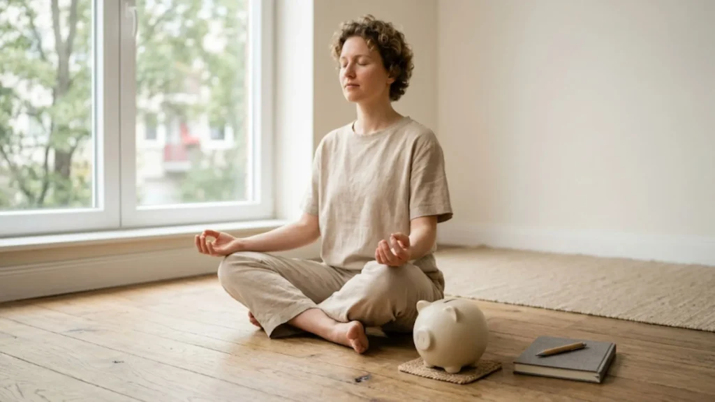 Pessoa praticando mindfulness com um cofrinho ao lado, representando estratégias para cuidar da saúde financeira e mental.
