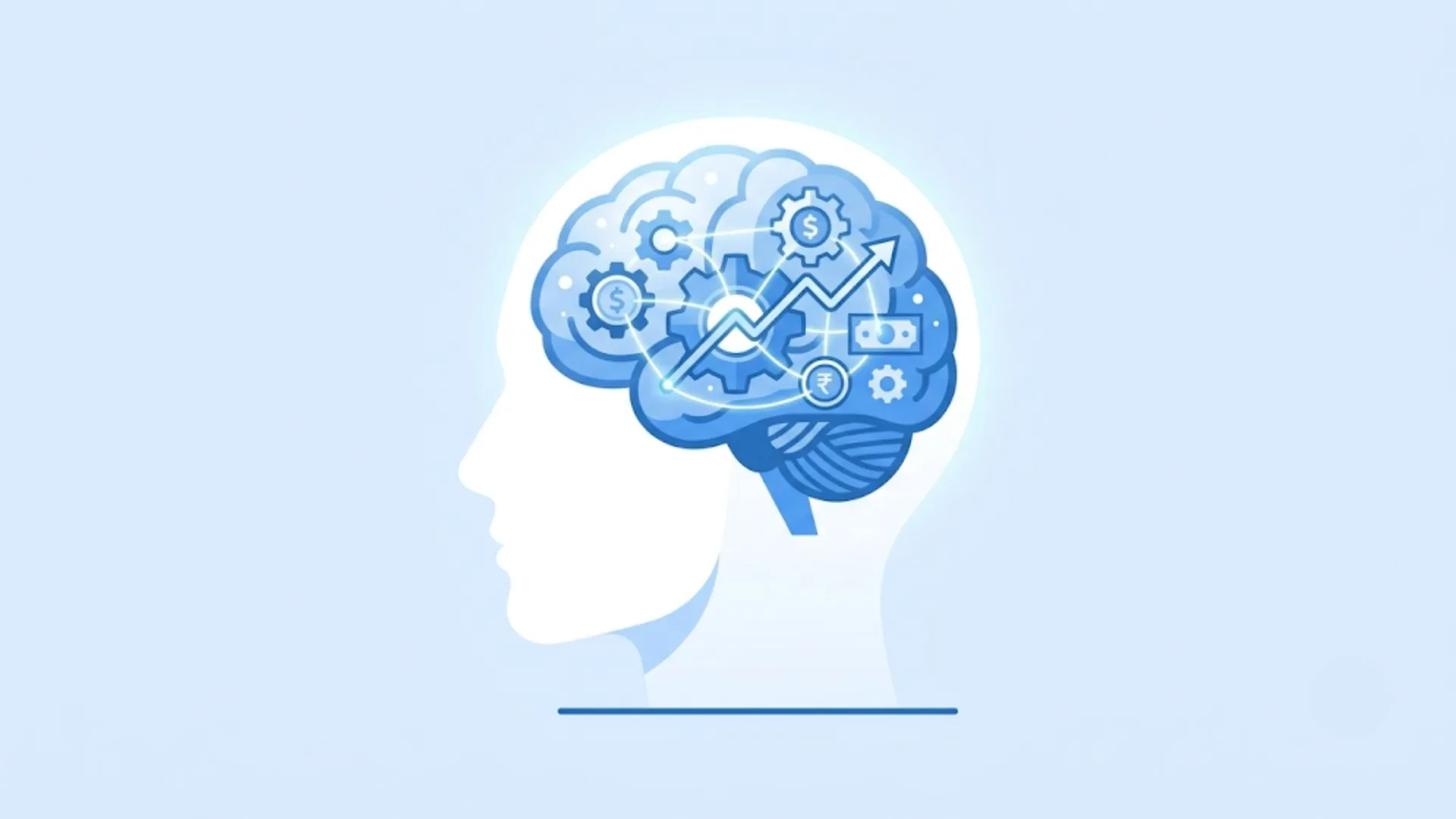 Ilustração de um perfil humano com o cérebro visível conectado a símbolos de dinheiro, mostrando como a saúde financeira e mental estão conectadas.