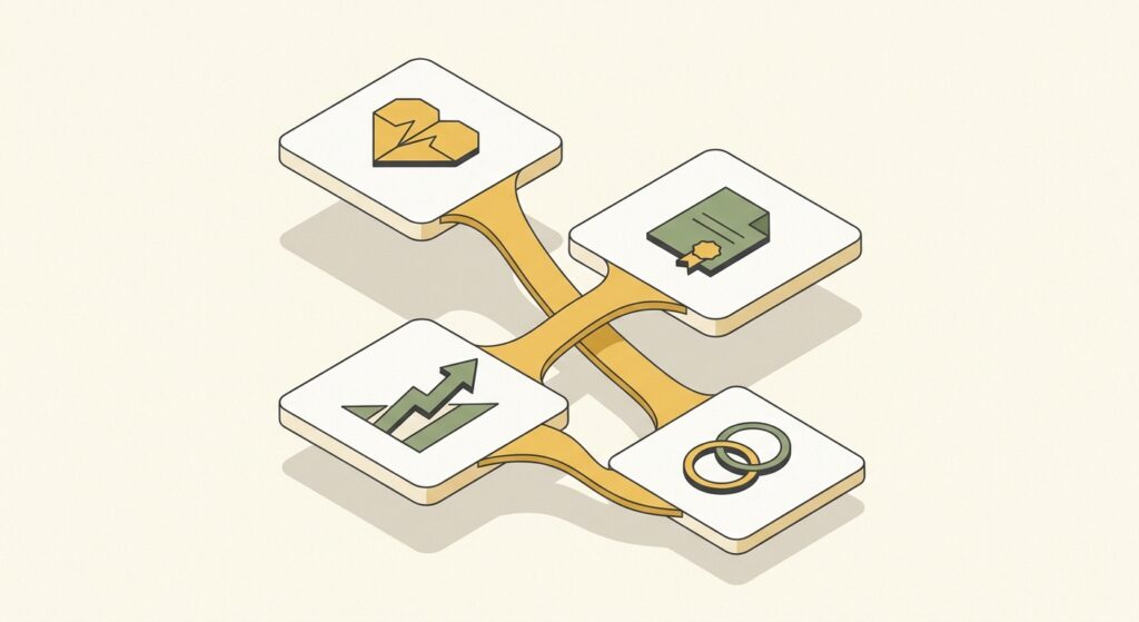 Diagrama dos quatro pilares da vida integrada — saúde, dinheiro, carreira e relacionamentos — conectados entre si