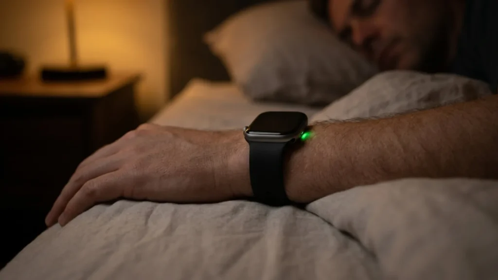 Pulso com smartwatch durante o sono, sensor emitindo luz verde — monitoramento das fases do sono por wearable