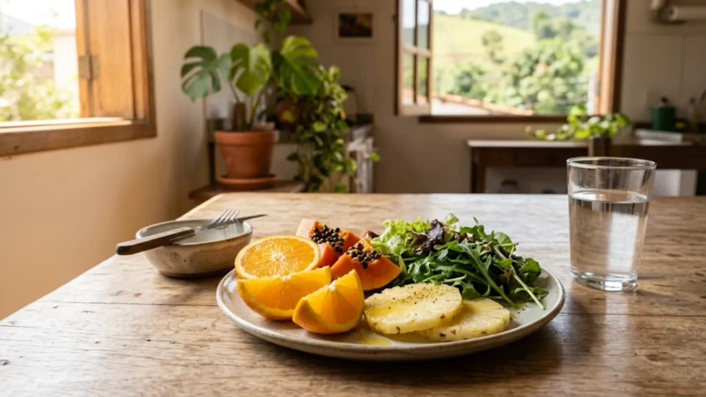 Café da manhã simples e saudável com frutas, folhas verdes e água — rotina de saúde para agosto 2026
