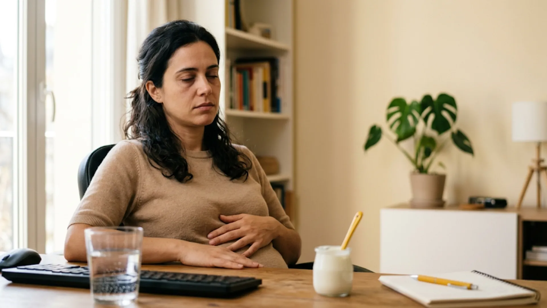 Mulher com expressão de cansaço mental à mesa de trabalho segurando o abdômen, relacionando saúde intestinal e produtividade