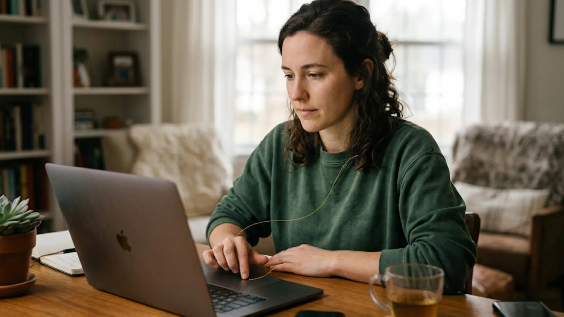 Foto real de uma pessoa prestes a enviar um e-mail no laptop, com uma linha fina dourada conectando o peito à mão — simbolizando a coragem emocional se transformando em ação financeira