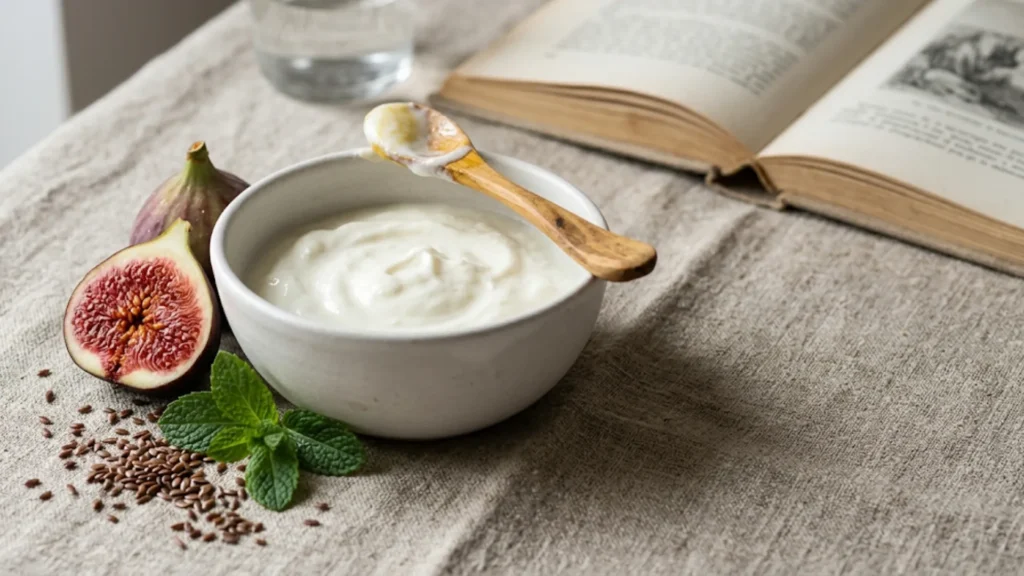 Tigela de kefir com figo e sementes, alimentos que apoiam a saúde intestinal e a comunicação intestino-cérebro